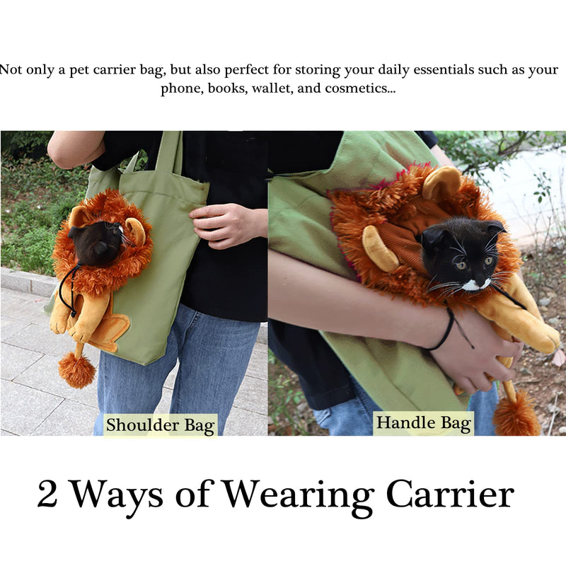 Dog Tote Bag with Zipper Cat Shoulder Carrier Lion-Shaped Pet Canvas Bag for Daily Use Walking Travel (L, Light Green) L: 17.32x15.75 Inches