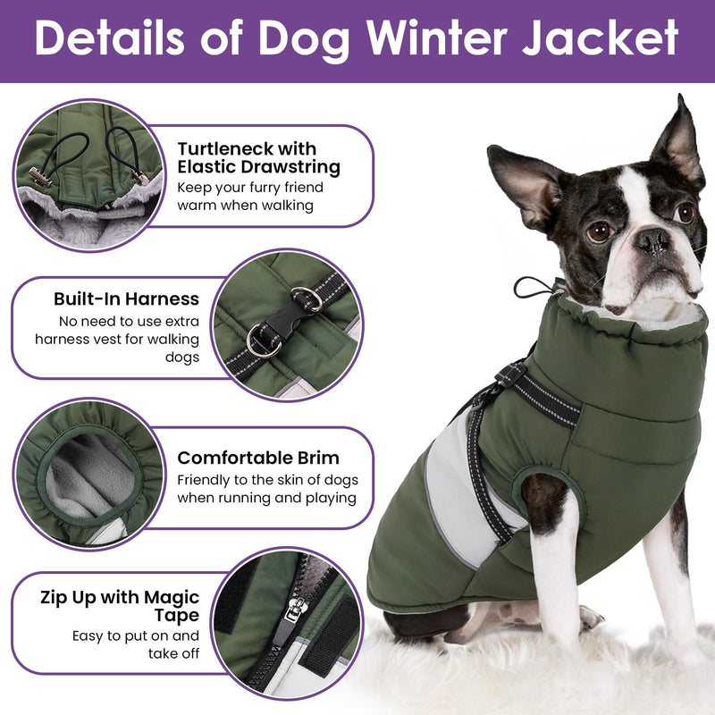 SUNFURA Dog Coat, XXXL Dog Jacket Winter with Harness Built in, Waterproof Pet Snow Jacket with Furry Collar for Chilly Day, Reflective Fleece Snowsuit for Extra Large Dogs, Army Green 3XL XXX-Large - PawsPlanet Australia