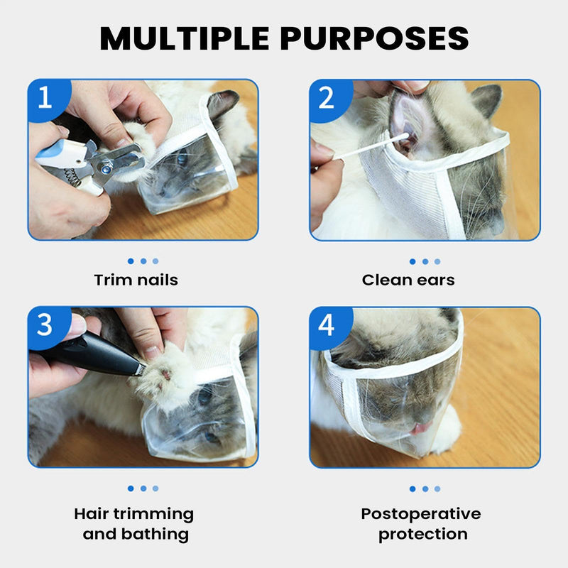 Muzzle for fussy cats, 50 g, protective, breathable grooming set, calming cat hood for nail trimming, transparent leg protection for small kittens, for indoor use, travel S