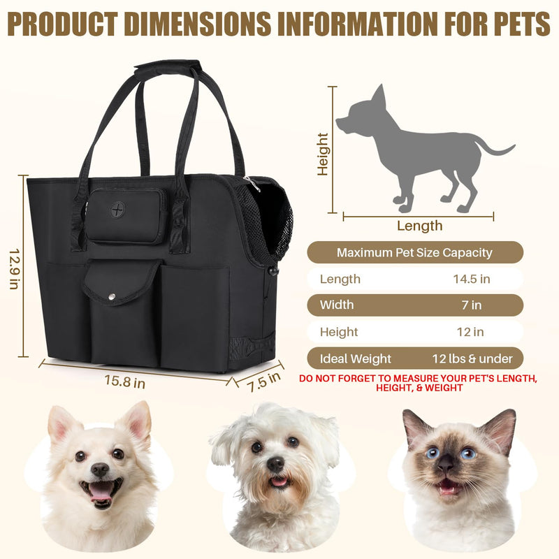 SlowTon Dog Purse Carrier - Portable Dog Carrier with Pockets & Safety Leash for Small Dogs Under 12 lbs, Breathable Pet Tote Bag for Cat Rabbit Outing, Travel, Vet (Black) Black