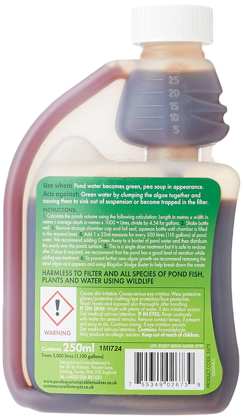 Blagdon Green Away Pond Water Treatment, Clears Green Water and Suspended Algae Particles, Natural, Plant Friendly, Safe for Fish, 250 ml, Treats 5,000 Litres of Water,package may vary Single - PawsPlanet Australia