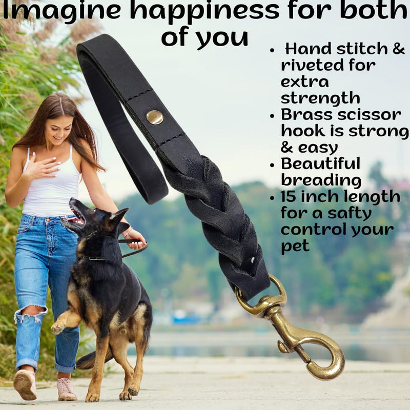 Leather Short Dog Leash - 15 Inch Traffic Lead for Large Dogs - Braided Leather Tab - Full Grain Heavy Duty (Black) Black - PawsPlanet Australia