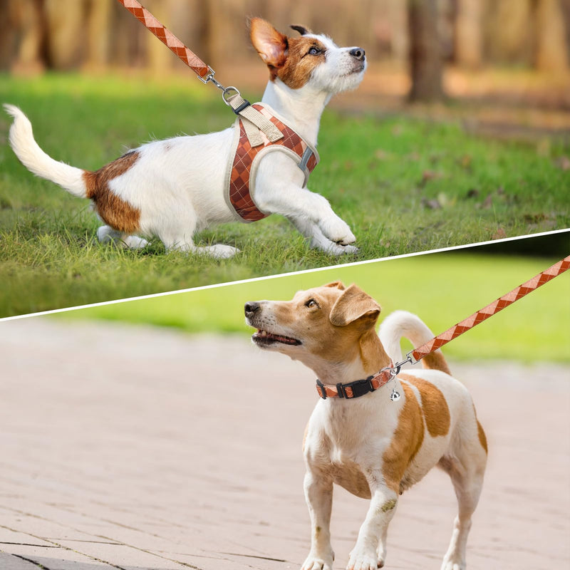 SCENEREAL Dog Harness Collar and Leash Set, Step-in No Pull Pet Vest Harnesses for Small Medium Dogs Puppy Cats, Soft Mesh No-Chock Reflective Vest Harness for Outdoor Walking Running, Brown Plaid S S: Chest Girth: 14.5"-16" - PawsPlanet Australia