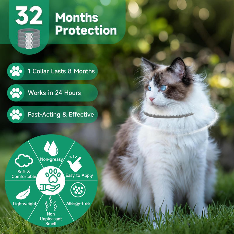 4 Pack Cat Flea Collars, Cat Flea and Tick Treatment, 32 Months Protection Flea and Tick Prevention for Cats, Waterproof Flea Collar for Cats, One Size Fits All for All Breeds, Grey