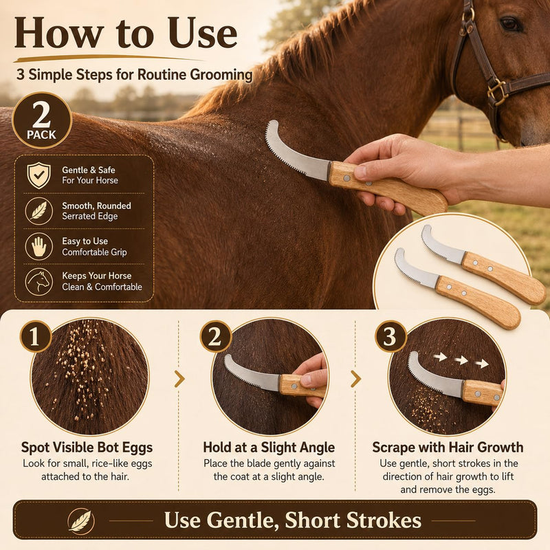 Bot Egg Knife for Horses, 2 Pack Bot Fly Egg Remover Tool with Wooden Handle, Stainless Steel Curved Serrated Blade, Horse Grooming Knife for Visible Eggs, Loose Hair and Debris