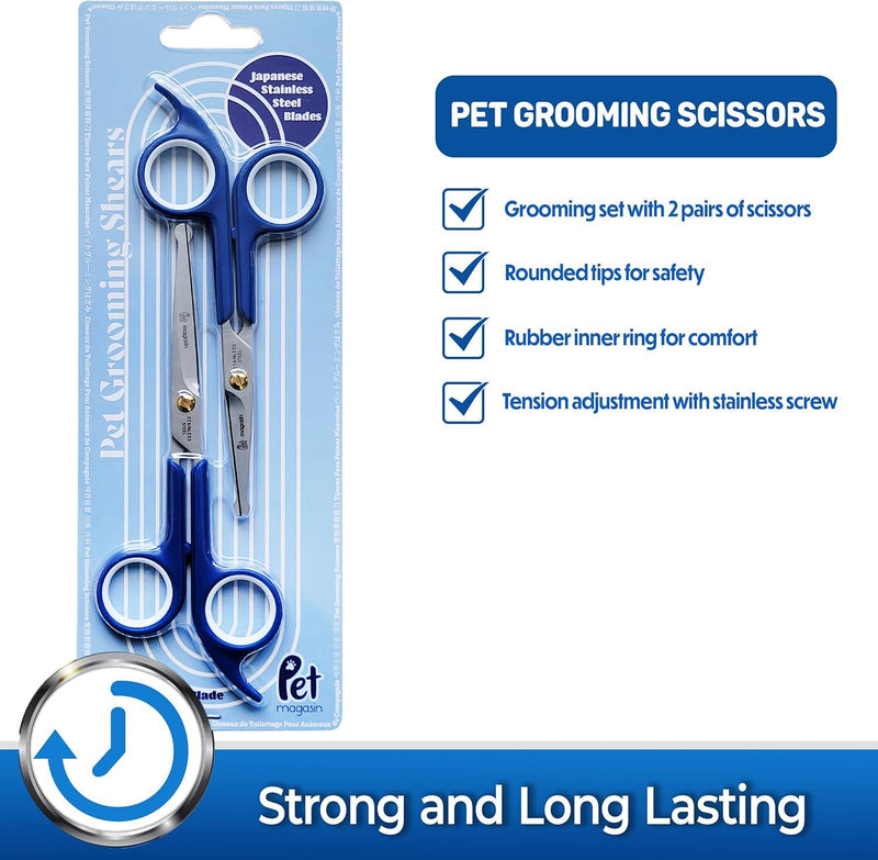 Pet Magasin Japanese Stainless Steel Grooming Scissors (2) for Facial Hair and Larger for Body Trimming with Round Tip (Blue) Blue - PawsPlanet Australia
