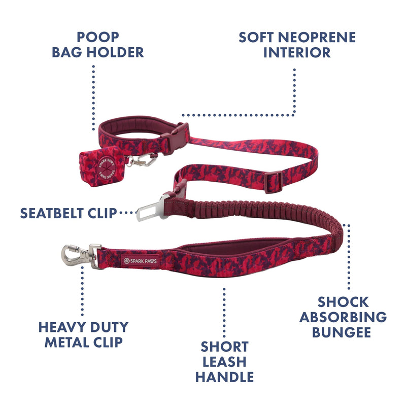 Spark Paws Handsfree Dog Leash – Shock Absorbing Waist Bungee Lead for Running, Car Seatbelt Clip & Poop Bag Set, Heavy Duty Tactical Lead for Medium, Large & X-Large Breeds - Fuchsia Camo - PawsPlanet Australia