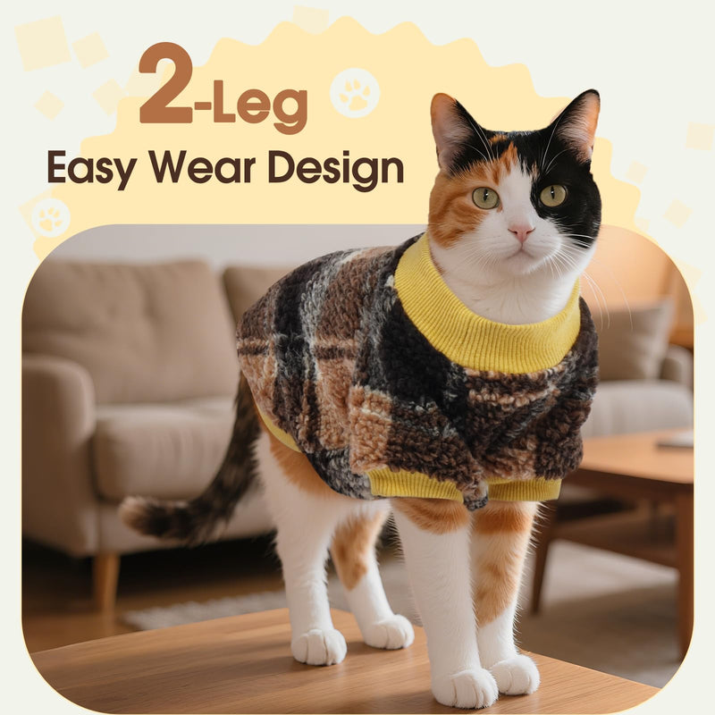 DENTRUN Cat Sweater Winter Clothes - Plush Fleece Coat with Cotton Lining, Anti-Static, Front Legs Kitten Pajamas, Stretch Ribbed Cuffs for Warmth, Cozy Christmas Outfit for Small Medium Large Cats X-Large Yellow Plaid - PawsPlanet Australia