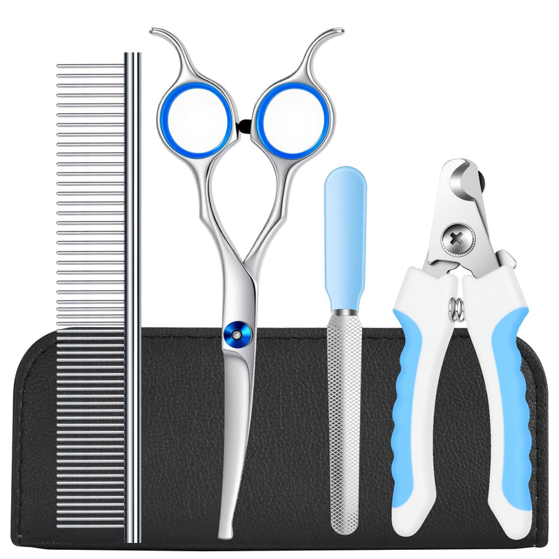 Dog Grooming Scissors Set with Safety Rounded Tips, 4pcs Pet Dog Cat Grooming Tools, Professional Grooming Shears Set Hair Cutting Trimming Scissors with Steel Comb & Leather Pouch for Dogs Cats Pets