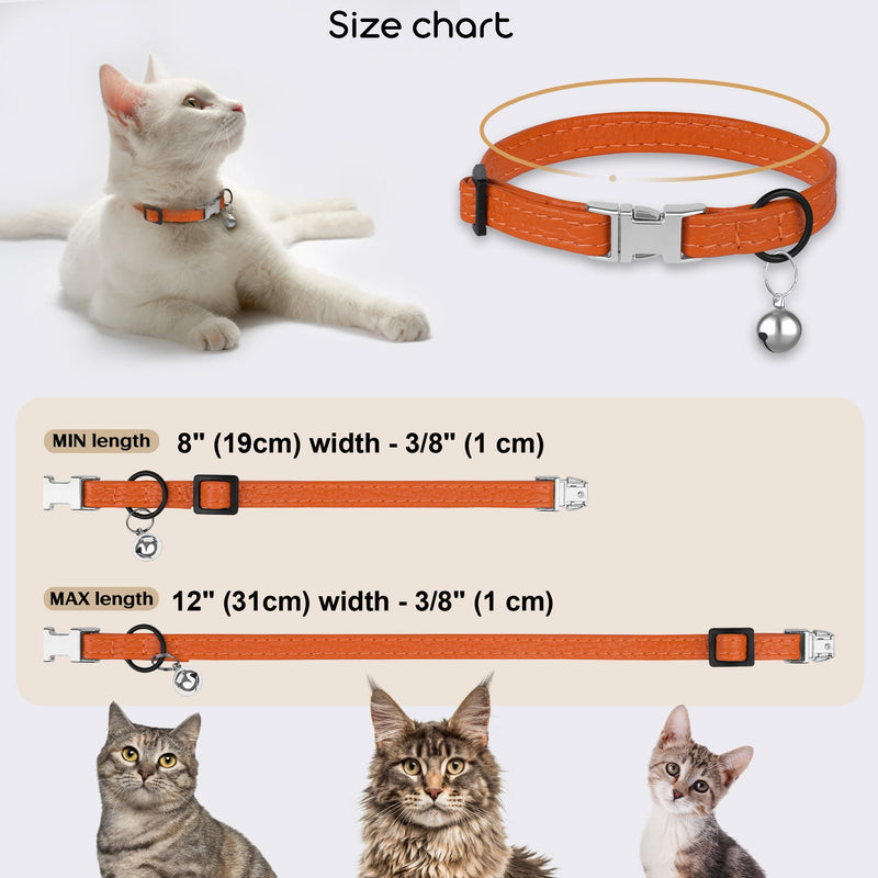 Leather Cat Collar with Buckle and Removable Bell - Non Breakaway Adjustable Soft Safety Small Pet Collars for Girl Boy Cats Kitten (Orange) Orange - PawsPlanet Australia