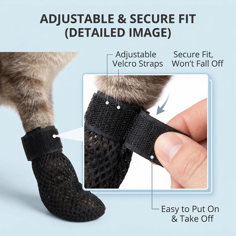 Pack of 4 Black Adjustable Cat Mesh Shoes, Breathable Paw Protection, Pet Shoes - Suitable as Anti-Scratch Boots for Bathing & Nail Care (Size S)