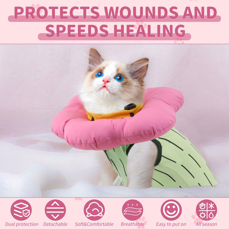 EMUST 2PCS Cat Recovery Suit and Cat Surgery Suit, Cute Cats Surgical Suit for Abdominal Wounds or Skin Diseases, Adjustable Flower Neck Cats Cone Collar Soft for 4-8lb(Green, M) Medium Green