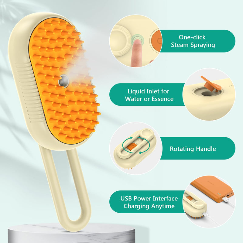 ORIA Cat Steam Brush, 3 in 1 Pet Spray Comb, Self Cleaning Steam Dog Cat Brush, Rechargeable Silicone Grooming Tool with Concealed Handle for Shedding, Hair Removal, Pet Massage - PawsPlanet Australia