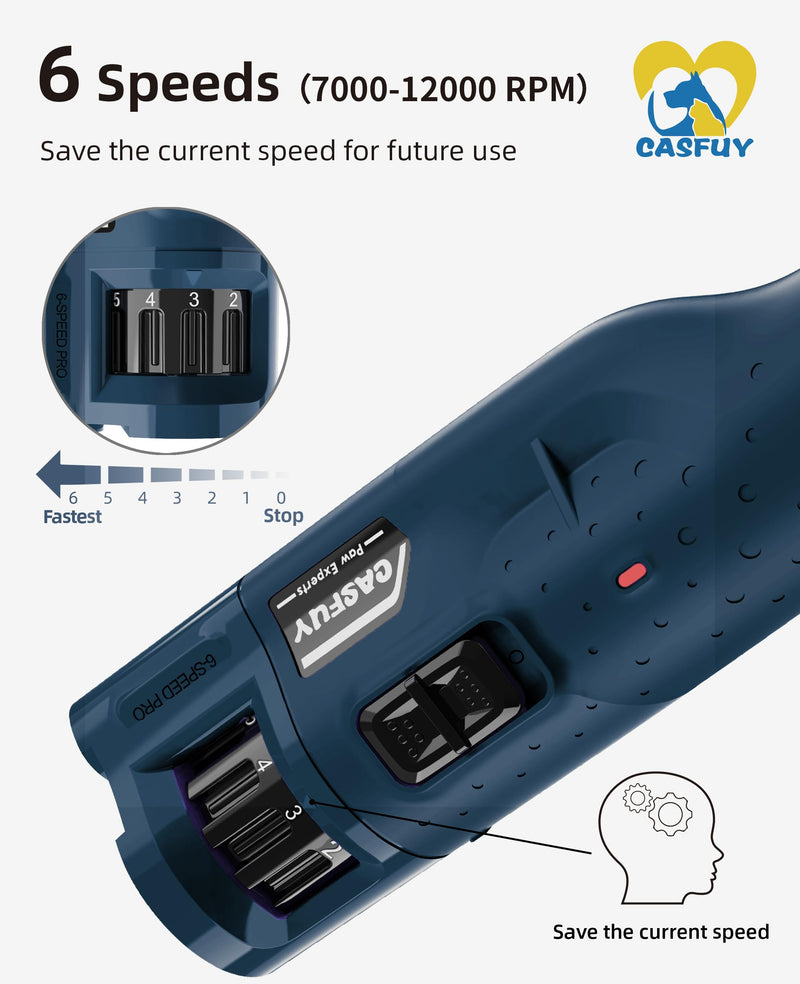 Casfuy Dog Nail Grinder Quiet - (45db) 6-Speed Pet Nail Grinder with 2 LED Lights for Large Medium Small Puppy Dogs/Cats, Professional 3 Ports Rechargeable Electric Dog Nail Trimmer with Dust Cap Blue - PawsPlanet Australia