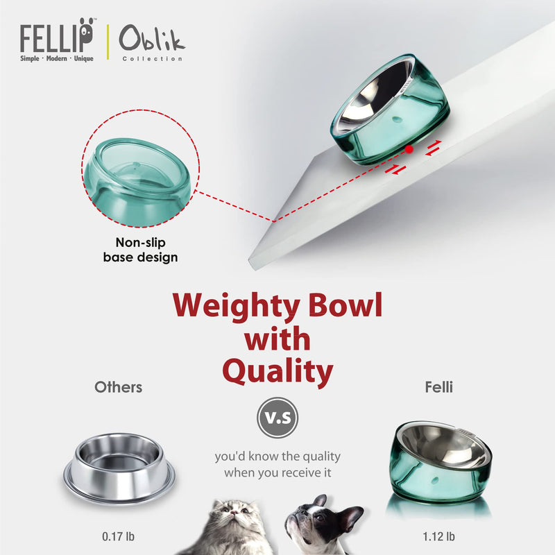 Felli Pet Oblik Anti Whisker Fatigue Cat Bowl Raised Stainless Steel Angled Wide Shallow Dish for Dry Wet Food, Vomit & Spill Proof Tilted Elevated Feeder Acrylic Base (0.5Cup, Classic) 0.5 Cups Shallow Dish