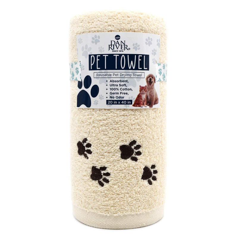 DAN RIVER 100% Cotton Dog Bath Towel Ultra Soft 450 GSM Super Absorbent Quick Drying Paw Embroidered Pattern and Lint-Free Cat, Puppy & Pet Grooming Towel | 20x40 inches | Cat Hair, Short Bread Shortbread - PawsPlanet Australia