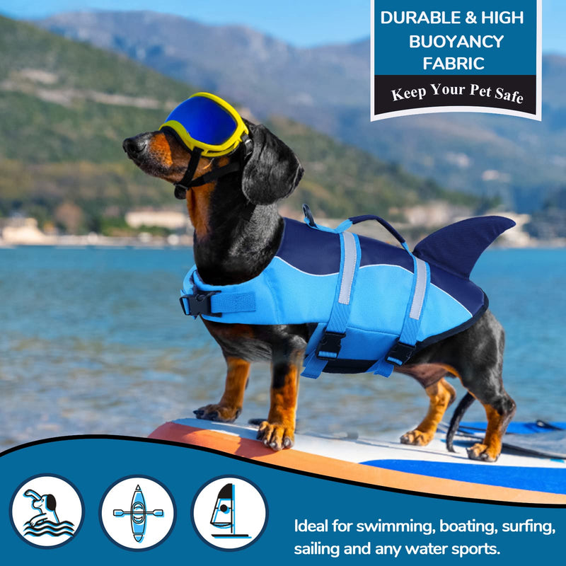 AOFITEE Dog Life Jacket, Dog Life Vest for Swimming, High Flotation Dog Life Vests with Rescue Handle, Reflective French Bulldog Life Jacket, Shark Fin Dog Life Jacket for Small Medium Large Dogs Blue - PawsPlanet Australia