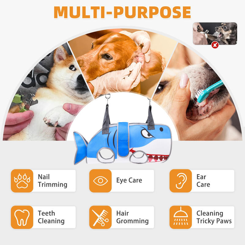 Dog Grooming Hammock for Small Dogs Cats, Cute Shark Design Dog Hanging Harness for Nail Trimming/Clipping, Pet Sling with Grooming Kit and Thick Neck Support & Strap Restraint Claw Care, S Blue Shark - PawsPlanet Australia