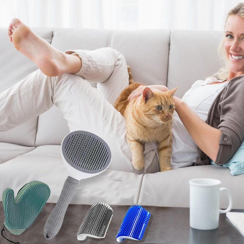 4 Pcs Cat Brush Kit for Indoor Cats, Self-Cleaning Slicker Cat Brush, Cat Brush Glove, and 2 Cat Wall Scratchers for Easy Shedding, Detangling, and Relaxing Grooming for Long and Short-Haired Cats - PawsPlanet Australia