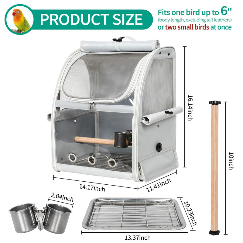 Bird Carrier Bag, Bird Travel Cage with Standing Perch and Indestructible Stainless Steel Mesh, Protable Transparent Breathable Carrier with Feeder Cups for Small Birds Parrot Parakeet, Grey L Gray