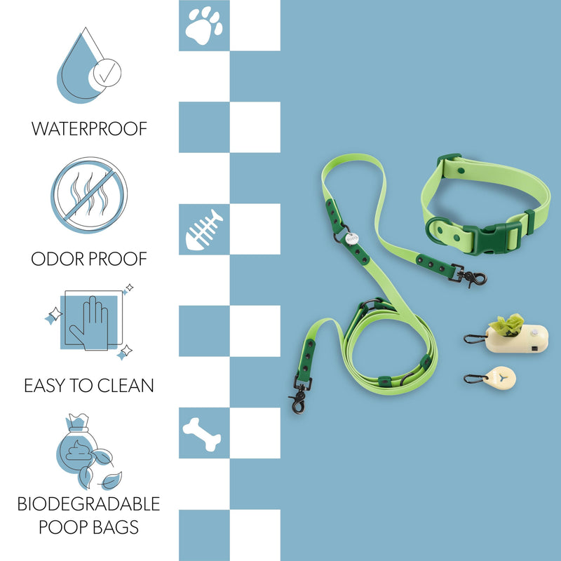 WLK1006B-5SET Luna Large 8FT Adjustable 6-in-1 Waterproof Hands-Free Leash and Collar with LED Flashlight, Bag Dispenser, and Poop Bag Holder, Mojito Light Green/Dark Green Large (Up to 80 lbs) - PawsPlanet Australia