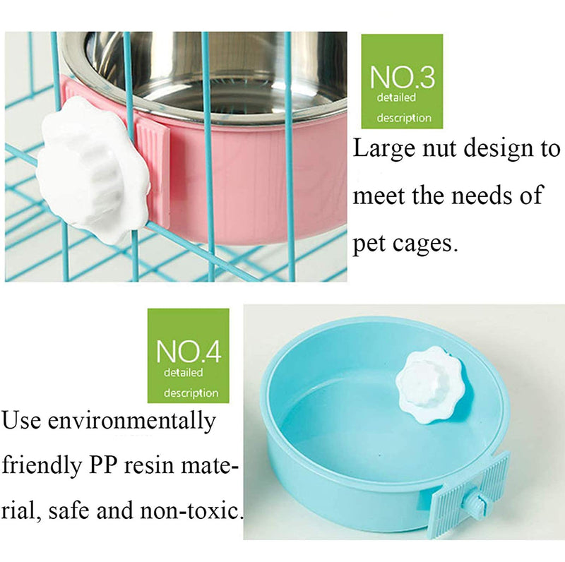 Stainless Steel Removable Pet Food Bowl, Anti-overturn Water Feeder Container, Suitable for Small Dog/Cat/Rabbit, 2 Set of Crate Bowls, Easy to Install and Clean Pink/Blue 2PCS Round