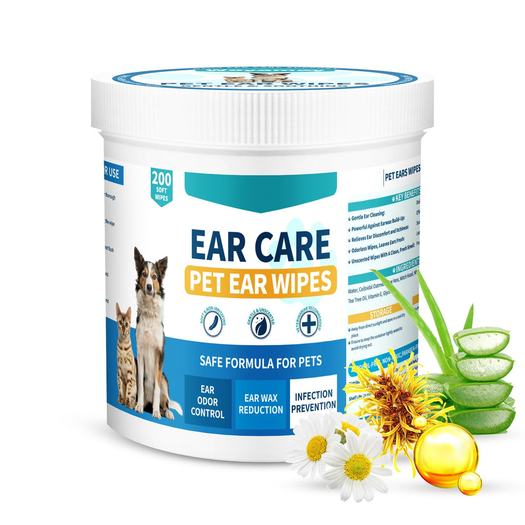 Ear Wipes for Dogs Cats, 200 Pcs Pet Ear Cleaner Wipes for Dogs Cats Gently Remove Ear Wax, Dirt Debris - Cleanse, Soothe & Deodorize - Dog Cat Ear Cleaning Wipes Relieve Ear Itching & Inflammation