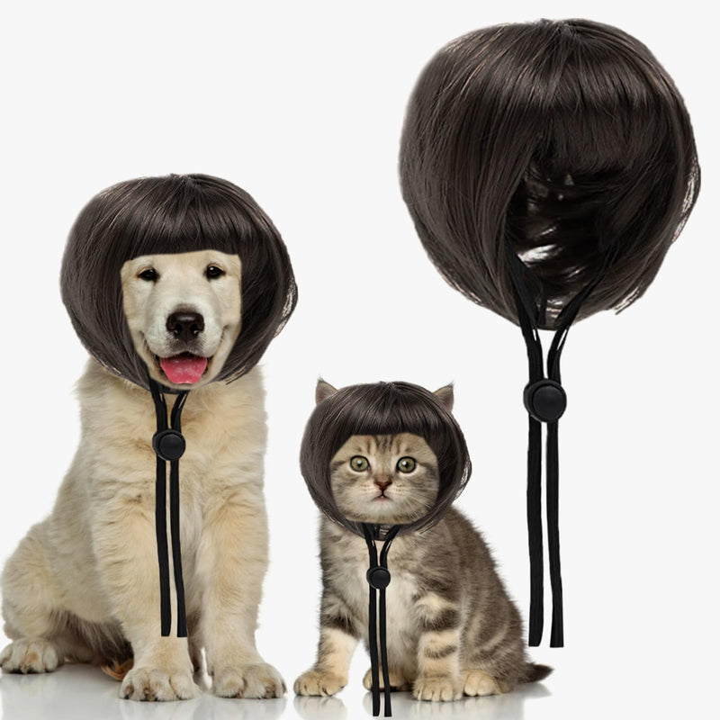 Funny Pet Wig Dog Wig Cat Wig Funny Pet Costumes for Small Medium Large Dogs Cats Natural Brown Trimmable Synthetic Accessories Cat Dog Cosplay Decoration for Halloween Christmas Eve Festival Parties