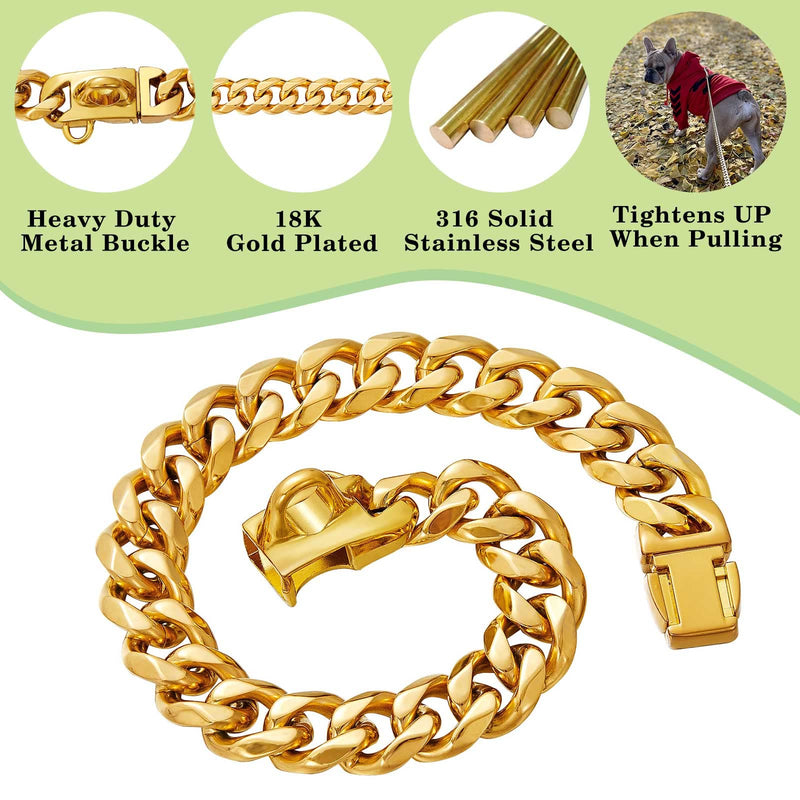 Stainless Steel Silver Gold Dog Collars with Safety Buckle Lock,18K Cuban Link Chain Training Collar,15MM Strong Dog Necklace Heavy Duty Chew Proof for Small Medium Large Dog 10 inch - PawsPlanet Australia