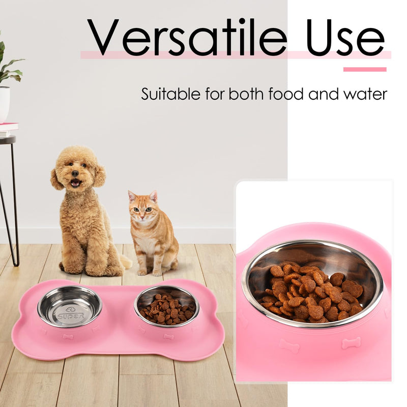 SUPERDESIGN Dog Bowls 2 Stainless Steel Puppies Bowl with No Spill Non-Skid Silicone Mat Pet Water and Food Feeder Bowls for Feeding Small Medium Large Dogs Cats Smal PK S Pink - PawsPlanet Australia