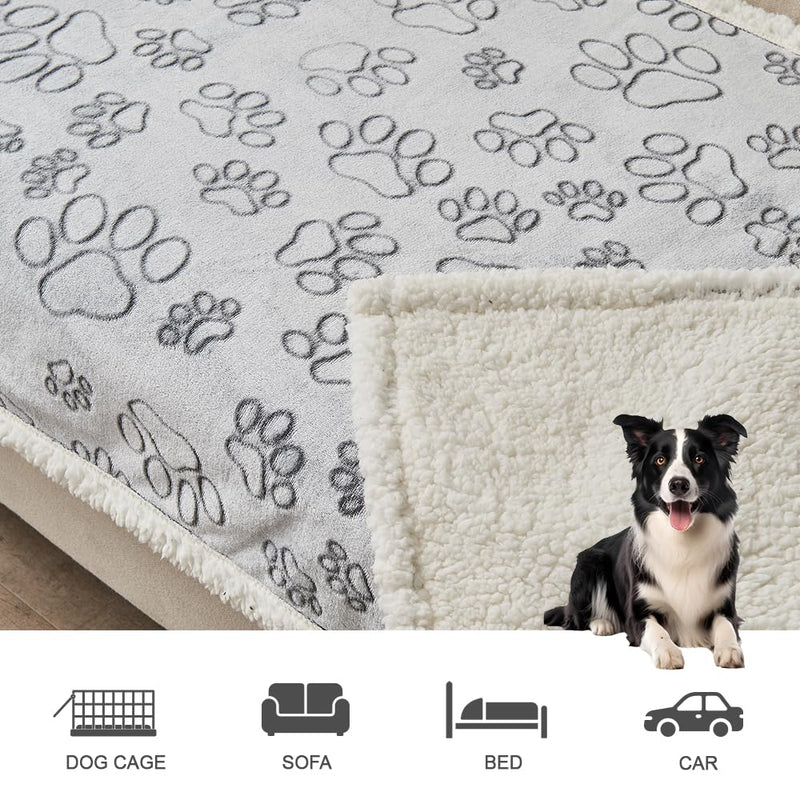 Qeils Pet Blankets for Couches, Waterproof Dog Blankets for Large Dogs, Sherpa Fleece Puppy Blanket, Soft Plush Reversible Dog Blanket, Couch Cover for Dogs Washable, 30"X70", Grey Paw Print Grey Paw Cut 30"x70" - PawsPlanet Australia