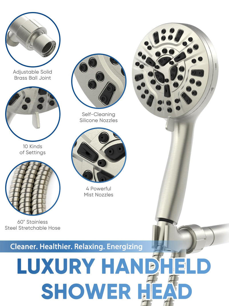 Pavezo® High Pressure Shower Head Handheld 5" Large, 10-mode Portable Detachable Shower Head with Hard Water Filter, Extra Long 60" SS Hose, Anti-clog & Powerful to Clean Tile & Pets, Brushed Nickel O Brushed Nickel - PawsPlanet Australia