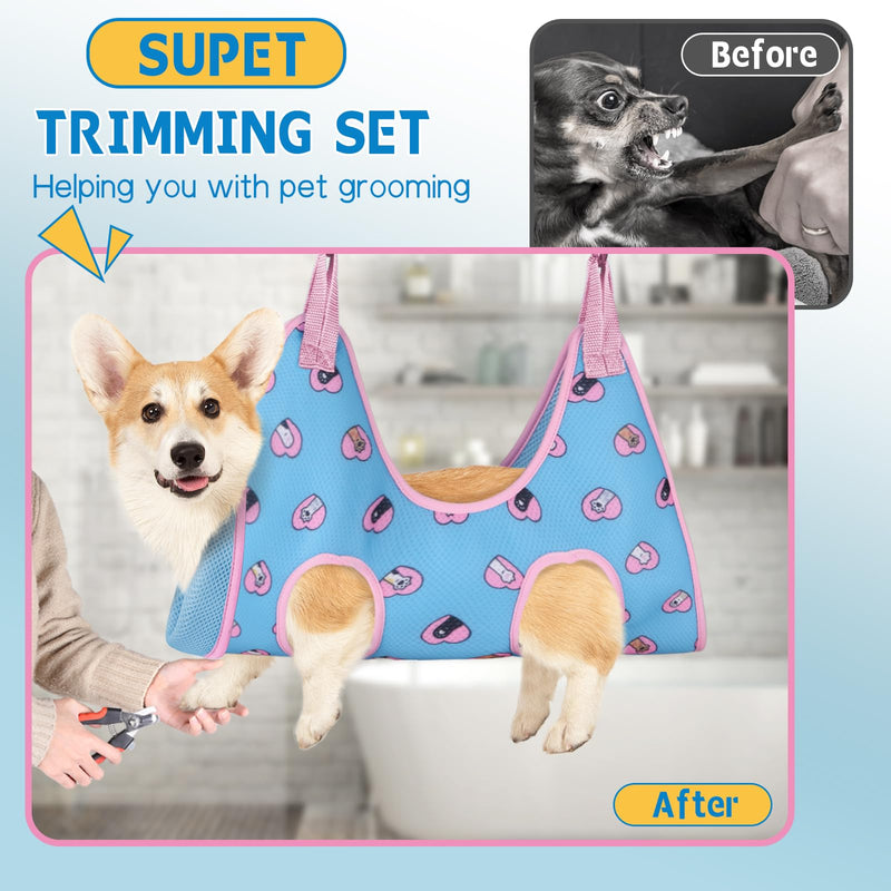 Supet Dog Grooming Hammock Harness for Dogs Cats, Relaxation Pet Nail Clipper Hammock, Restraint Dog & Medium Animal Leashes Sling for Groomingk for Nail Trimming (Blue-Love, M) M（ Max 48 Lb：Leg space: 6.3"-13.5"） Blue-love