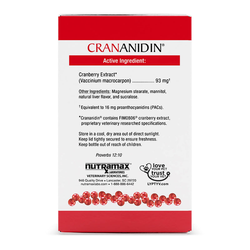 Nutramax Laboratories Crananidin Cranberry Extract Urinary Tract Health Supplement for Dogs, 75 Chewable Tablets 75 Count - PawsPlanet Australia