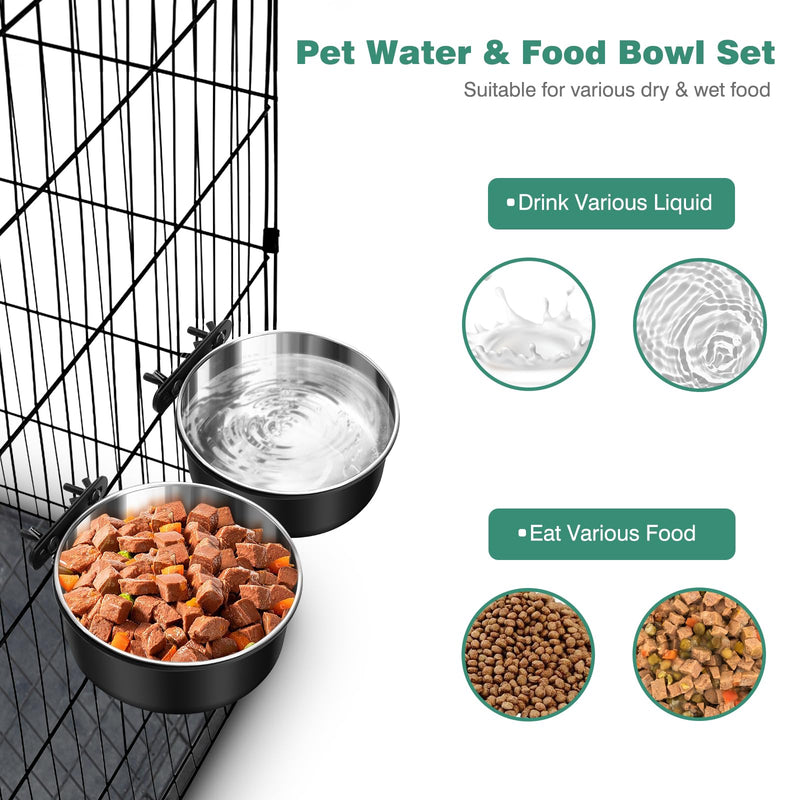 Dog Crate Water Bowl No Spill, 2 Pack Dog Crate Bowls Hanging, Kennel Water Food Bowls Mountable, Pet Cage Accessories Feeder Dish, Stainless Steel Coop Cup for Cat Puppy Bunny Guinea Pig Ferret Bird M(6.3*2.6'' & 5.5*2.4'') Black