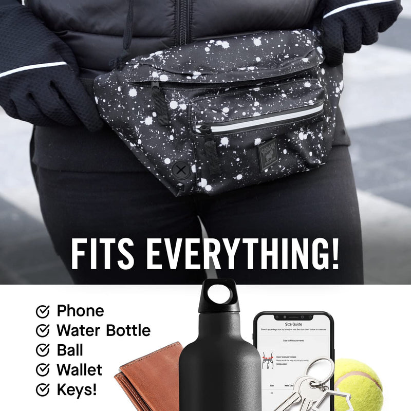 Canada Pooch Everything Dog Walking Fanny Pack - Dog Fanny Pack with Dog Poop Bag Dispenser & Dog Treat Pouch, Great as Dog Training Fanny Pack, Adjustable up to 54” - Splatter Black Splatter - PawsPlanet Australia