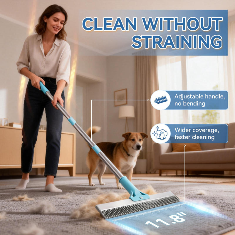 BFNN Carpet Rake for Pet Hair Removal | Reusable Dual-Action Carpet Broom Tool with Metal Scraper & Silicone Brush | 54" Adjustable Handle | 3Pcs Cat & Dog Fur Cleaning Kit for Rugs, Couch & Furniture Blue