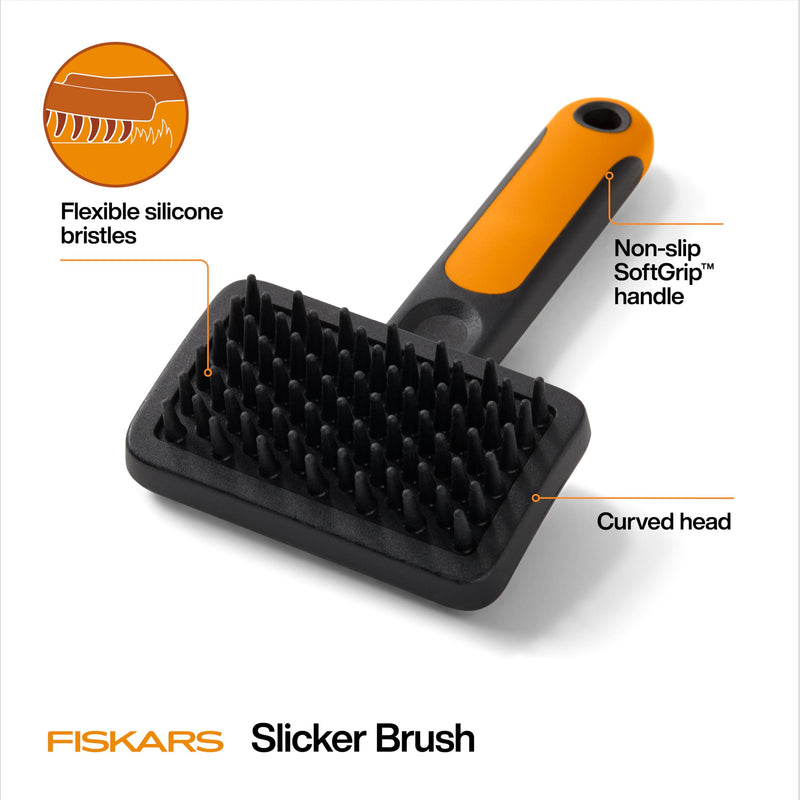 Fiskars Pet Massage Brush, Cat and Dog Brush, Flexible Silicone Bristles & SoftGrip™ Handle for Gentle Deshedding, 6.5”, Orange/Black