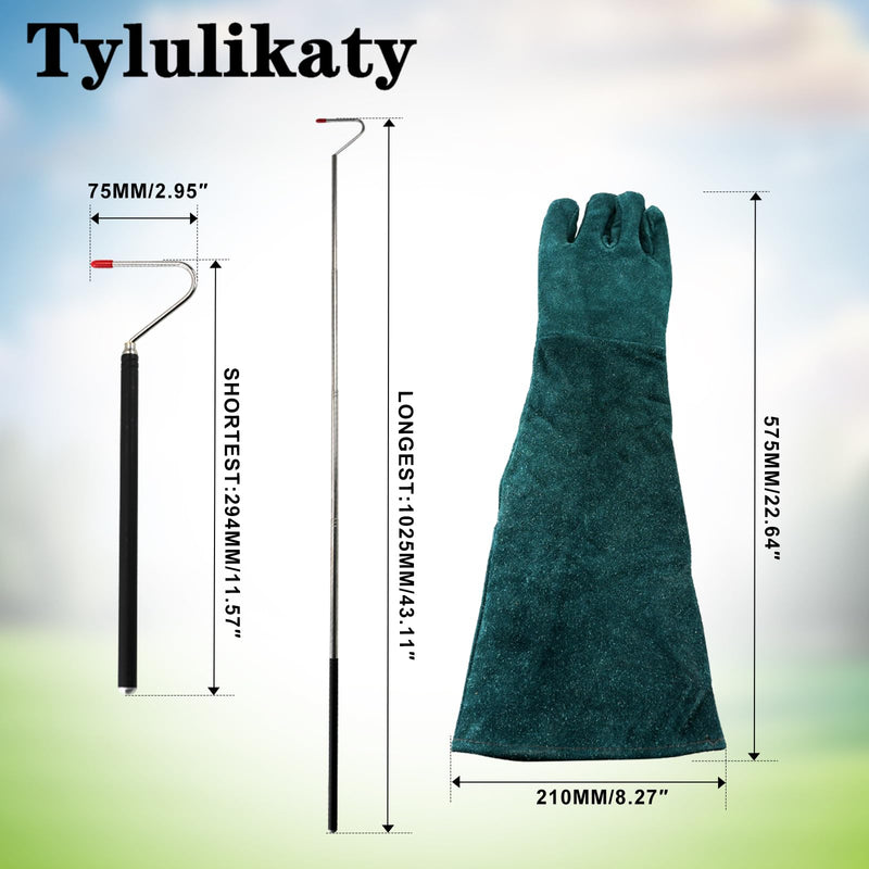 23inch Animal Handling Gloves & 40" Collapsible Snake Hook Kit, Training Glove for Cats Scratch Reptiles Birds Falcon Grabbing（Green） Green（23" & 43" Snake Hook） - PawsPlanet Australia