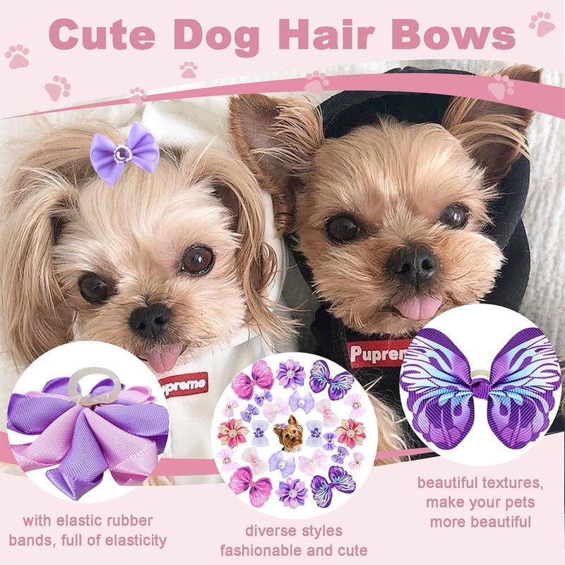 22 Pieces Cute Dog Hair Bows with Elastic Rubber Bands, Small Puppy Hair Accessories with Butterfly Flower Pearls Double Bow Elegant style for Pets Dogs Cats Hair Grooming (Purple and Pink) Elegant Pueple and Pink - PawsPlanet Australia
