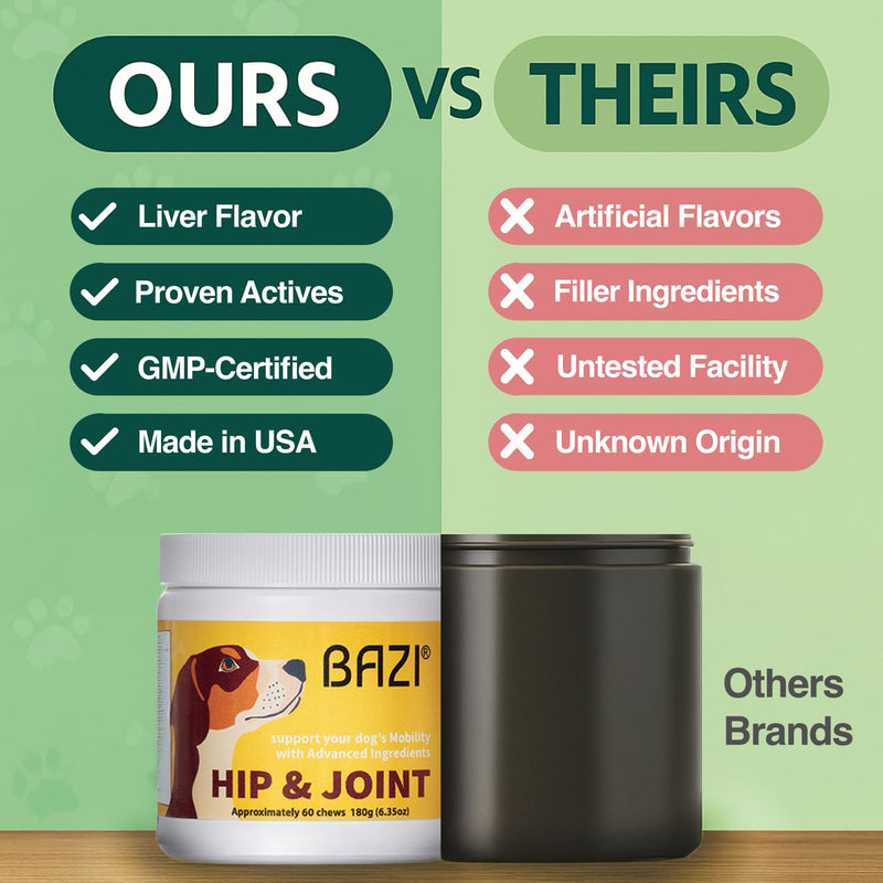 BAZI Hip & Joint Dog Chews – Glucosamine, Chondroitin, MSM, Turmeric & Collagen for Joint Health & Mobility – High-Potency Supplement for Dogs of All Breeds & Sizes – Active Lifestyle Support - PawsPlanet Australia