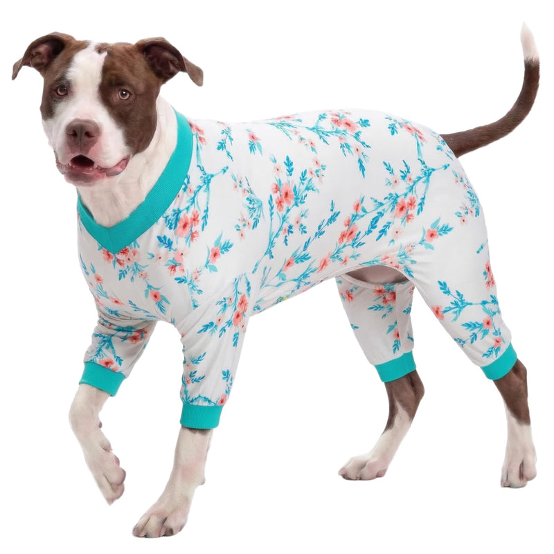LovinPet Large Big Bodysuit for Dogs - Post Surgery Protection Dog Pjs,4 Legged Coverage Dog Onesie,Stretchable Lightweight, Bubbles and Floral White&Teal Print,Undershirt for Dog Sweaters,Blue Large White/Blue collar