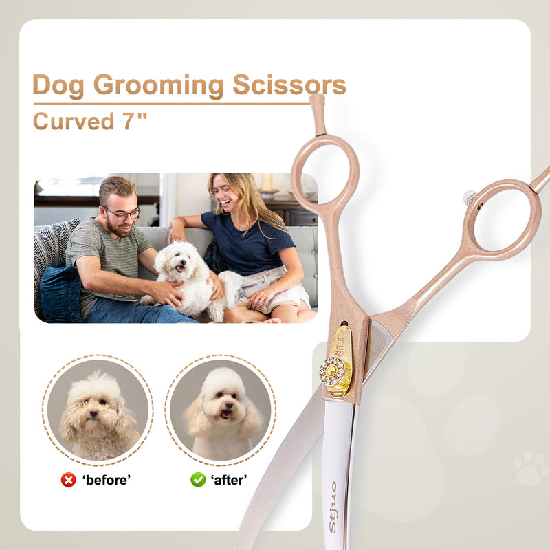 Professional Dog Grooming Scissors Rose Gold 440C Stainless Steel Straight Thinning Curved Chunker Shears for Pet Grooming Services Dogs and Cats (Curved, 7‘’) 7‘’ - PawsPlanet Australia