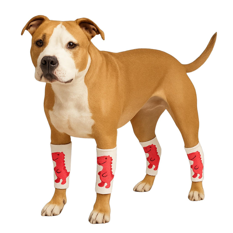 LovinPet 4-Pack Dog Knee Sleeves, Dinosaur-Style Leg Warmers for Medium & Large Dogs, 4-Way Stretch, Anti-Lick Coverage, Warm & Comfy Fit, One Size,Red White Red White