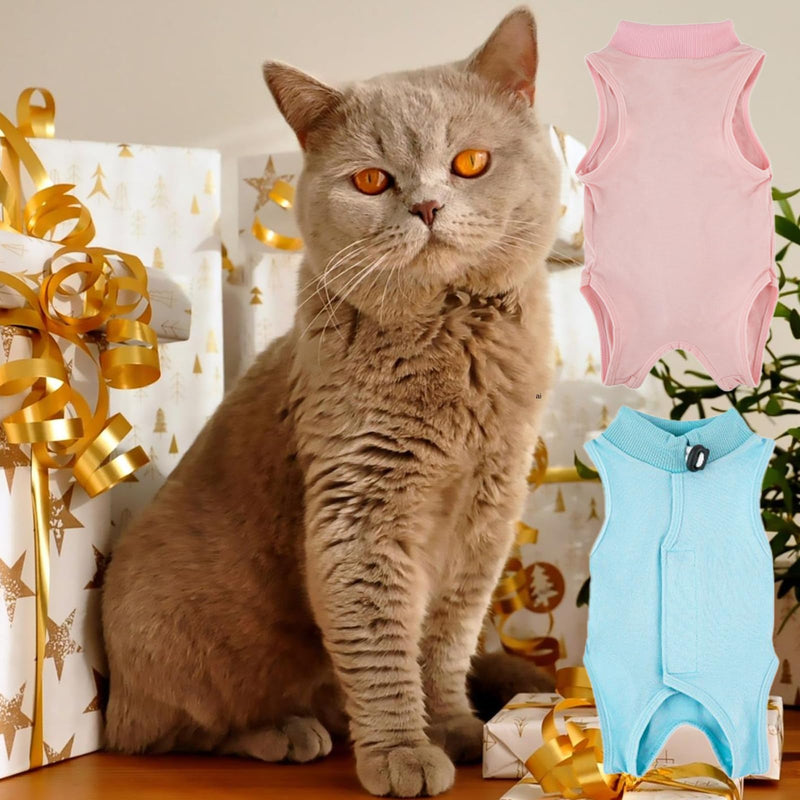 Cat Recovery Suit, Breathable Anti-Lick Cat Spay Bodysuit, Cone Alternative Post-Surgery Shirt for Abdominal Wounds, Soft Cotton Cats Surgery Clothes for Kittens & Adult, Size M (2-4KG Cats)
