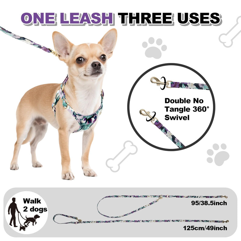 XXS Dog Harness and Leash Set Lightweight Pet Harnesses with Cute Bowtie Floral Pattern, Adjustable Escape Proof Puppy Vest Extra Small Size Dogs for Daily Walking Parties Holiday Purple Purple Flower XXS - PawsPlanet Australia