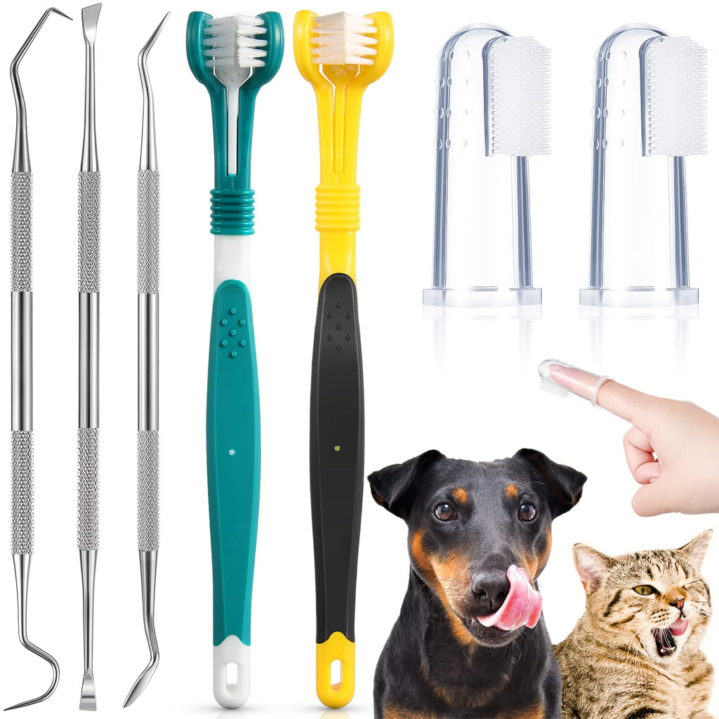 7 Pieces Dog Teeth Cleaning Kit Includes Dental Tooth Scaler and Scraper Stainless Steel Tarter Remover Scraper 3 Head Dog Toothbrush and Silicone Dog Finger Toothbrush Dog Plaque Remover Tools