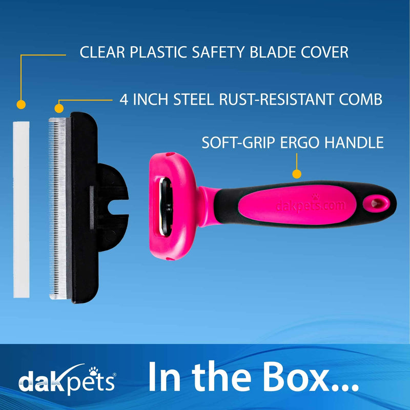 DakPets Stainless Steel Pet Deshedding Tool - Grooming Brush for Cats and Dogs, Removes Trapped Hair, Reduces Shedding by Up to 95%, All Hair Types, Includes Protective Blade Cover, Pink, 4 inches - PawsPlanet Australia