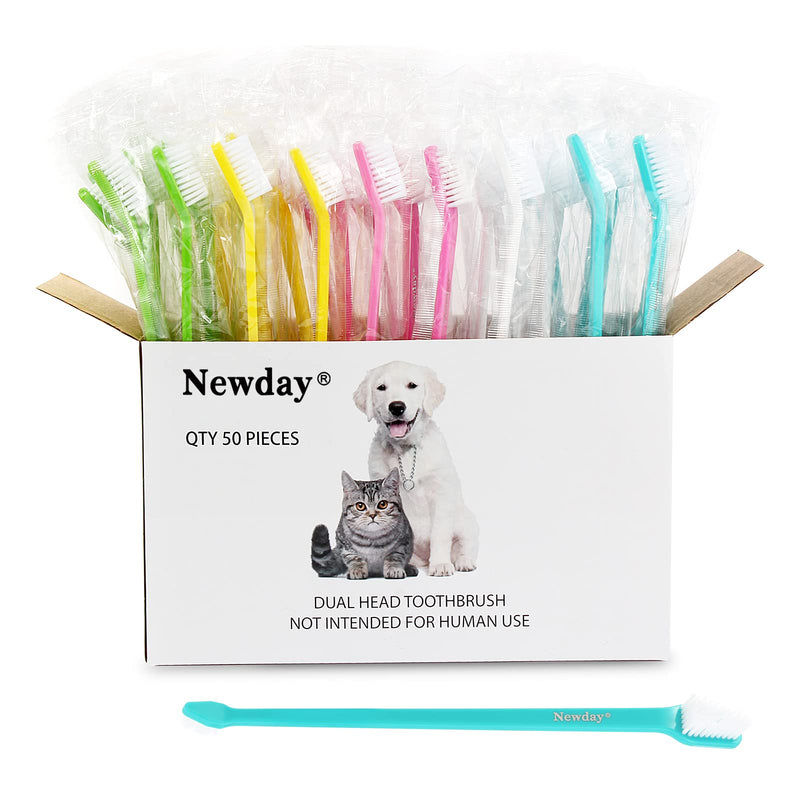 Newday 50 Pack Dual Ended Long Dog & Cat Toothbrush, Pet Safe Super Soft Bristles for Pet Dog Puppy Kitten Dental & Oral Care Teeth & Gums, Pet toothbrushes in Box, Bulk Individual polybag (Colorful) 50 Pcs-colorful