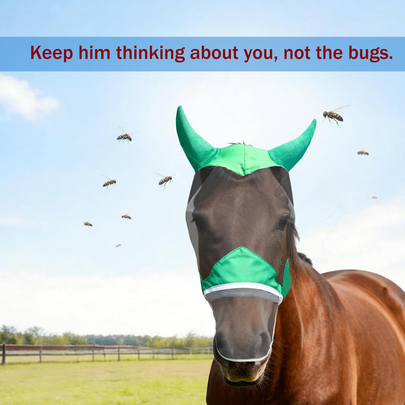 Green Fly Mask for Horses with Nose & Ear Coverage - UV Protection Summer Fly Mask, Breathable & Comfortable Mesh Face Mask for Horses, Adjustable Horse Fly Mask for Stable, Trail, Pasture